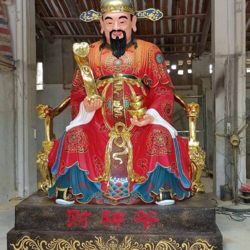 God of Wealth Painted Wood Carving